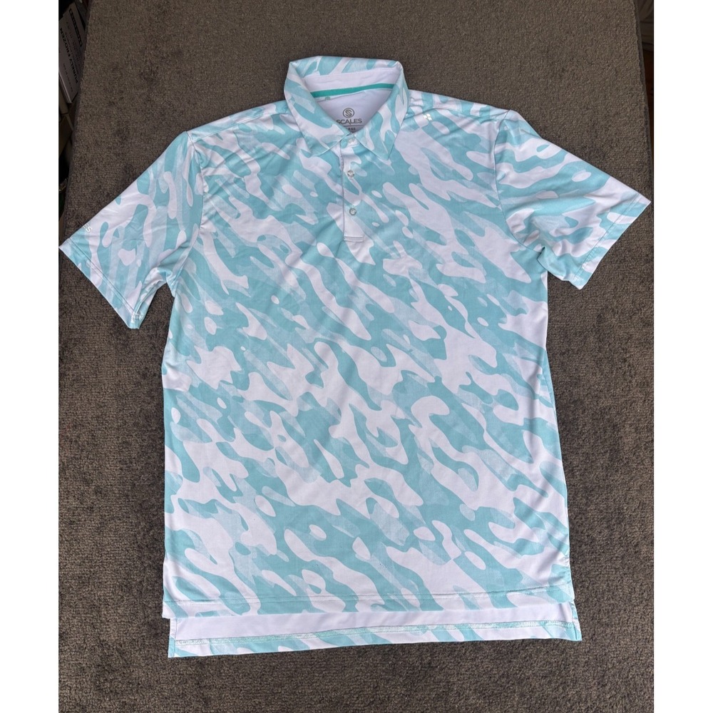 Scales Polo Shirt Men's Size Large Aqua White Polyester Short Sleeves Pullover